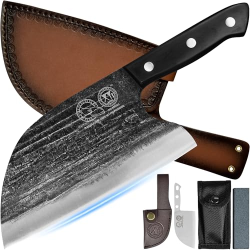 XYJ Volle Tang, serbische Küchenmesser, Chef Fleisch Hacker, Küchenmesser, Set mit Lederscheide, nehmen Sie Tragen, Metzger, für Camping oder Outdoor Geburtstag Geschenke für Frauen Männer Geschenk