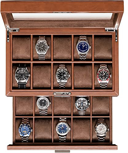 ROTHWELL Uhrenbox aus Leder mit 20 Fächern, luxuriöses Uhrengehäuse, Schmuck-Organizer, verschließbarer Uhren-Vitrinen-Halter mit großer Echtglas-Oberseite, Uhrenbox, Organizer für Damen und Herren