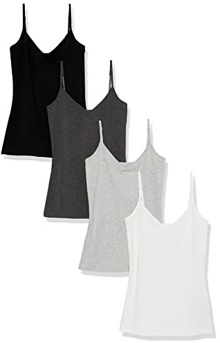 Amazon Essentials Canottiera in Maglia con Scollo a V vestibilità Aderente (Disponibile in Taglie Forti) Donna, Pacco da 4, Bianco/Carbone Puntinato/Grigio Chiaro Puntinato/Nero, S