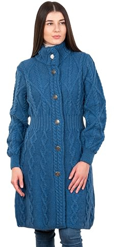 SAOL 100% Merino Wool Irish Cardigan for Women with Celtic Knot Buttons -Aran Long Outdoor Cable Knit Coatigan, Teal, S