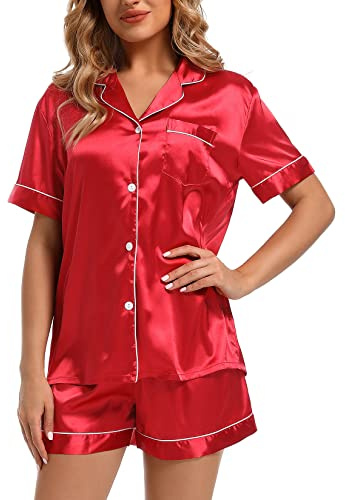 Finvizo Womens Silk Satin Pyjamas Set: Ladies Pajamas Short Sleeve Bride Pj Set Two-piece Sleepwear Silky Button-down Nightwear Soft Loungewear Sets, Red S