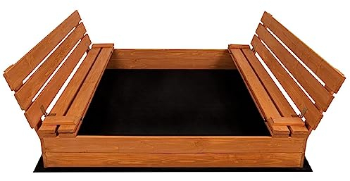 QLS Sandkasten Sandbox Deckel Imprägniert aus Holz Sandkiste Sitzbänke Garten 150 x 140 cm