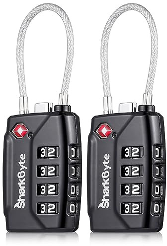 SharkByte TSA Approved Suitcase Locks - 4-Dial Security Travel Combination Padlock, Flexible Cable Wire Travel Lock for Suitcases, Luggage Locks, Travel Bag Gym Locker Small PadLock with code (2 Pack)