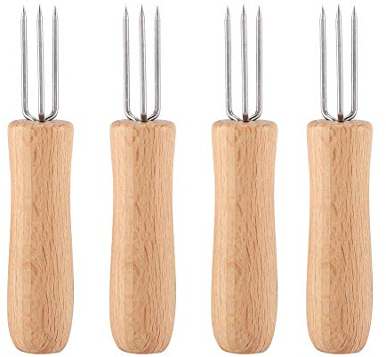 ANKROYU Grillgabeln, 4 Stück, Holzgriff, Edelstahl, Grillfleischgabeln, Obstgabeln, Grillmaisgabeln, Grillkochutensilien, Obstgabeln, Maisspießständer, Ideal Für Grillpartys, Familiengebrauch