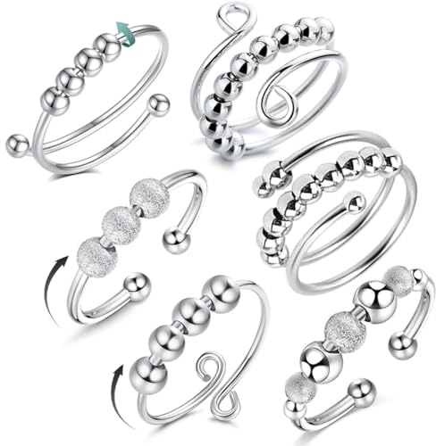 Bukezudang Stressabbau-Ringe, Anxiety Ring, 6 Pcs Verstellbarer Spaltring mit Perlen, Anti-Stress-Ring, Silber Offen Verstellbar Spinner Ringe, Verstellbare Stapelbare Für Stress Abbauen