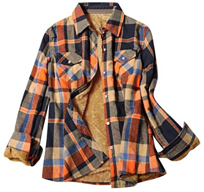 Flanellbluse Damen Fleece Warm Kariert Herbst Winter Langarm Jacke Gefüttert Plüsch Blusenshirt Hemdjacke Hemdbluse Jacket Jacke Mantel