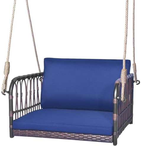 LIFEZEAL 1-sits trädgårdsgunga med kudde och armstöd, hängstol, metallram och PE-rotting, 2 upphängningsrep, belastning 180 kg (78 x 62 x 38 cm)
