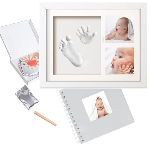 ADIKA SOLUTIONS Set Marco Huellas Bebe Recien Nacido con Arcilla + Album Fotos Bebé, Cuadro Huella Bebe Pie y Manos, Regalos para Bebes Recien Nacidos, Regalo Baby Shower. Huellas Perro.