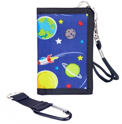 LARENNT Brustbeutel Kinder Geldbörse Mit Umhängekordel, Bergsteigerkarabiner - Klettverschluss Portemonnaie - Portmonee Jungen Mädchen (Weltraum)