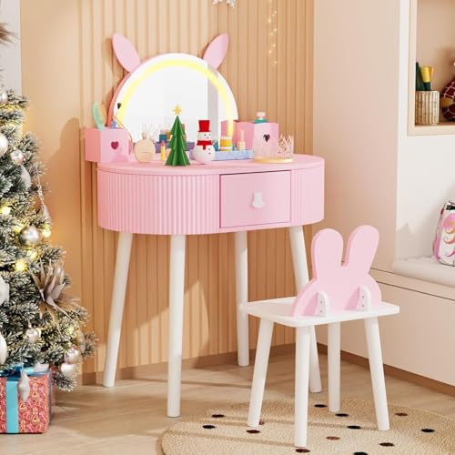 JOYMOR Kids Vanity with Lights, Girls Vanity Set w/Touch Screen 3 Colors Adjustment, Solid Wood Leg, 1 Drawer, 2 Storage Boxes, Kids Vanity Table and Chair Set (Pink)
