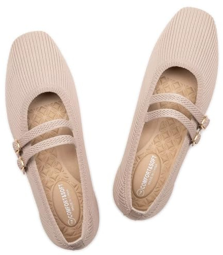 Frank Mully Damen Flats Square Toe Mary Jane Ballerinas mit Riemchen Bequeme Schlupfschuhe Strickschuhe Elegant Casual, Beige, 42 EU