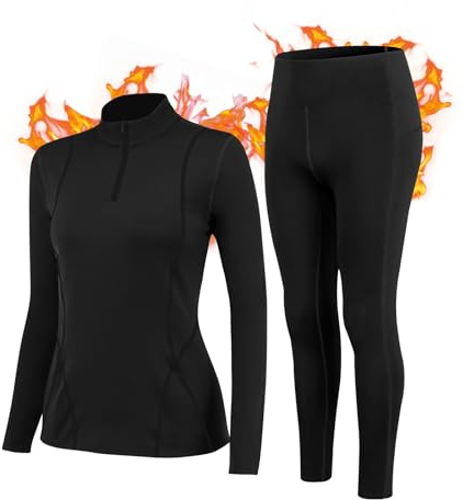 TERODACO Thermal Ski Base Layers Women Half Zip Warmth Thermal Underwear Set Womens UPF 50+ Quick Dry Thermal Tops and Fleece Lined Leggings for Running Hiking Cycling,Soft 02513 02324 Black M