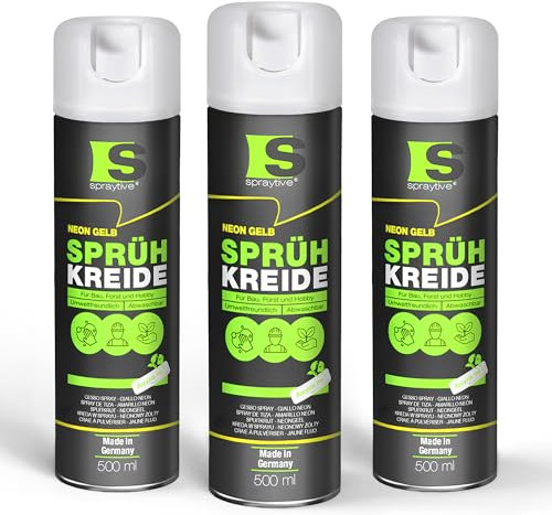 Spraytive Lot de 3 sprays de craie en spray de 500 ml - Jaune fluo - Lavable - Pour extérieur - Marquage de sol - Spray de marquage temporaire pour asphalte, herbe, béton
