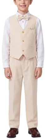 LOLANTA 4PCS Page Boys Wedding Waistcoat Trousers Suit, Kids Linen Formal Suit Vest, White Shirt, Trousers and Bowtie Set, Christening Ceremony Prom Birthday Partywear, Beige, 8-9 Years, 140