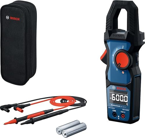 Bosch Professional Amperímetro de Gancho GMC 600-15 (Pinza amperimétrica True RMS, corriente alterna hasta 600 A, tensión hasta 600 V AC/DC, 2 x 1,5 V LR06 (AA), tiras métricas MS 90, bolsa)