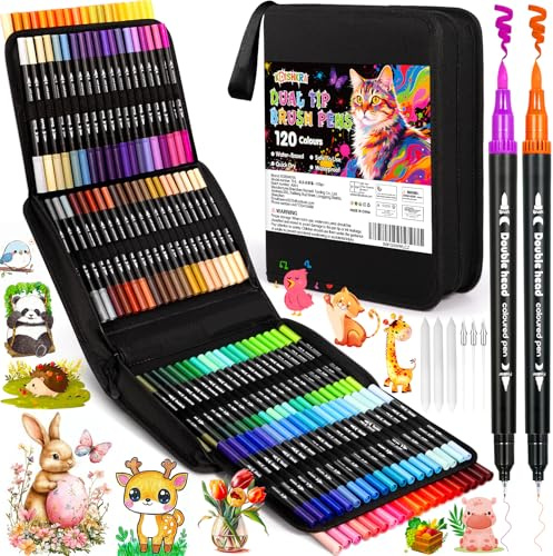 KDISHKRA Rotuladores Lettering 120 Colores, Punta Pincel, Doble Punta Fina, Rotuladores Acuarelables Profesionales, Lettering Kit para Niños y Adultos, Mandalas, Graffiti, Caligrafía, Dibujar