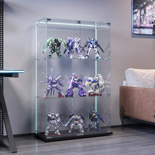 BPKADHY - Vetrinetta in vetro con illuminazione a LED, vetrinetta a colonna con 3 ripiani in vetro e 2 ante in vetro con serratura, vetrinetta per soggiorno, ufficio, oggetti da collezione, libri