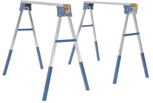 Folding Saw Horse Twin Pack, Heavy Duty Workbench with Flip-Down Pegs, 2 x 4 Support Arms Folding Trestle, Non-Slip Pads & Surface, Metal Trestle Stands Sawhorse (Blue)