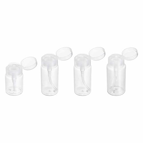 HARFINGTON 4pcs Push Down Pump Dispenser 3.5/4.2/5.3/7 OZ Plastic Nail Polish Remover Pumping Empty Bottle with Round Flip Cap for Makeup Remover Alcohol Facial Toner, Clear