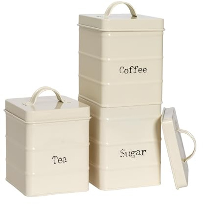 Harbour Housewares Metal Tea Coffee Sugar Canister Set - Cream - 3pc Vintage Retro Food Storage Preservation Canister Caddy Container Tin with Airtight Fit Lid for Kitchen Organisation & Home Décor