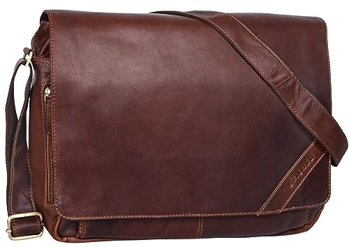 STILORD 'Nick' Bolso de Mensajero Unisex de Cuero Vintage Maletín para portátiles de 15,6' Bolsa de Profesor Universidad Negocios o Bandolera de auténtica Piel, Color:Cognac marrón Oscuro