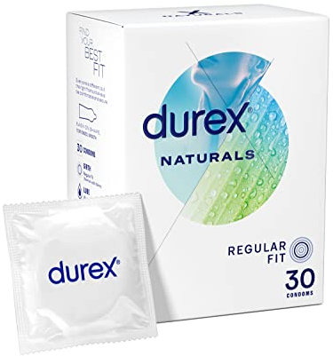 Durex Naturals, Regular Fit, 30 Condoms, Thin, Natural Rubber Latex, with Water Based Lube, Gentle Formula
