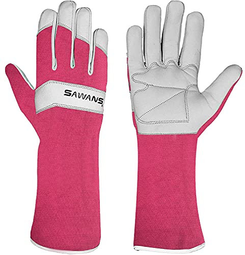 SAWANS Long Gardening Gloves Leather Ladies Men Women Durable Goatskin Garden Gloves Forearm Protection Thorn Proof Gardener Work Spandex Sleeves Rose Pruning Gift (Pink, S)