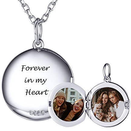 SILVERCUTE Collar con Dos Fotos Personalizados Plata de Ley 925 para Mujeres Colgante Medallón Guardapelo Redondo Regalos para Mama Amiga Esposa de Cumpleaños Aniversario