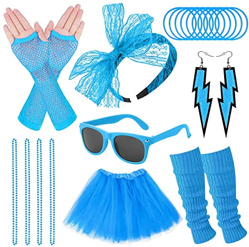 Pipihome 80er Jahre Kleidung Damen Set, 1980s Kostüm Accessoires Netzgarnrock, Beinstulpen, Fingerlose Netzhandschuhe, Stirnband, Dekobrille, Halskette, Armband, Ohrring, Neon 80 Jahre Outfit Party