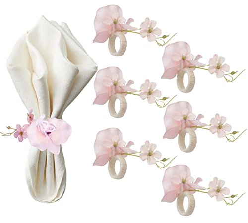 KWQBHW Handgjorda orkidé blomma servettringar set med 6 rosa blomma servetthållare hantverk servettspännen ringar för bröllop middag bordsdekor