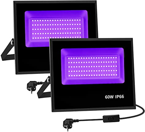 Littleboyny 2X Proyector LED negro UV 60W IP66 impermeable con 100 LED de aleación de aluminio para decoración de Halloween, concierto, bar, colores neón