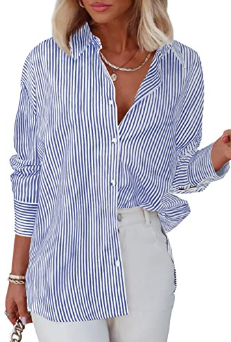 Homlan Chemisier à Manches Longues pour Femme - Rayures - Décontracté - Col en V - Chemise de Travail - Loose -, Bleu, L