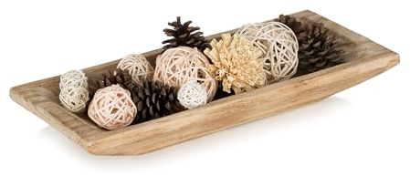 Hanobe Decorative Wood Dough Bowl: Long Wooden Centerpiece Table Decorations Natural Candle Holder Tray Decor Rustic Unfinished Trough Centerpieces for Dining Room Kitchen, Burnt