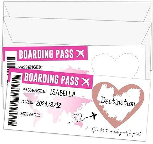 Qoamp Surprise Scratch Off Travel Ticket Boarding Pass(2 Set), 3.5x8 Pink Scratch Card Gift for Holiday Birthday Christmas Wedding-A14
