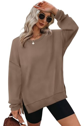 Aokosor Jumpers for Women uk Ladies Sweatshirts Crewneck Long Sleeve Tops Side Split Coffee Size 18-20