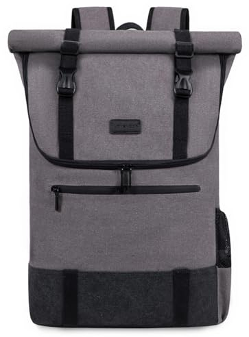 LOVEVOOK Rucksack Herren Damen Groß Rolltop Laptop Rucksack 17,3 Zoll, Wasserdichter Rollrucksack Schulrucksack für Uni Arbeit Reisen Business, Canvas Grau