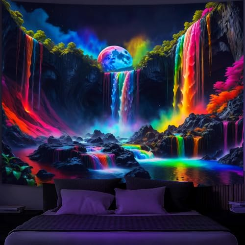 Simpkeely Blacklight Fantasy Waterfall Planet Tapestry UV Reactive Nature Tapestry Neon Landscape Mountain Wave Tapestry Wall Hanging - 150 x 200cm