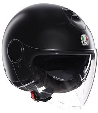 AGV - ETERES E2206, Casco da Moto Jet Unisex, Casco Moto Open Face con Anello Antifurto, Visiera Antigraffio e Anti-UV, Tecnologia con Assorbimento Istantaneo del Sudore, Matt Black, M