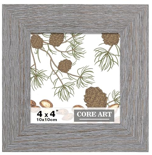 CORE ART 4x4 Picture Frame, Handmade Wood Rustic Gray Photo Frame, High Definition Semi-tempered Glass Wall or Tabletop Display