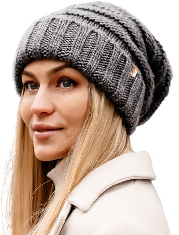 TOP-EX M/L/XL 100% Wolle Slouch Beanie Damen Warm Wintermütze Strickmuetze mit Fleecefutter Grün