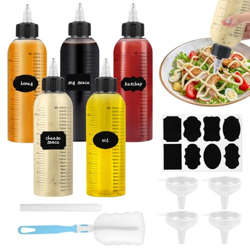 5 Stück Quetschflasche 250ml, Squeeze Flasche aus PET mit Skala, Ölspender Flaschen mit Trichter, Etiketten und Reinigungsbürsten, Soßenflaschen Dosierflasche für Malen,Backen,Ketchup,scharfe Soße