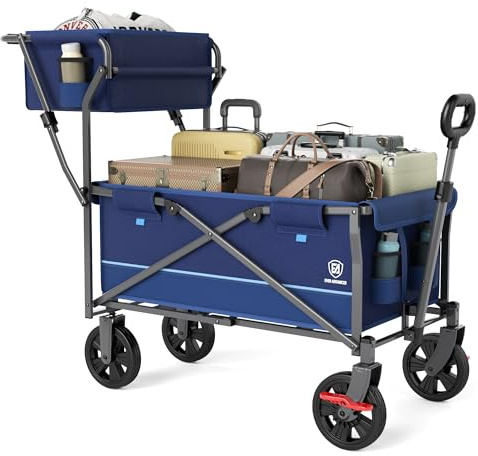 EVER ADVANCED Carro de Transporte Plegable Empujar&Tirar con Freno, Cesta de Compra, portavasos, Bolsillo Lateral, Carrito Plegable, Carro Playa hasta 100kg para Camping, Playa, Compras
