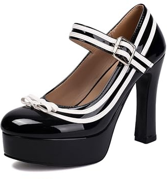 elerhythm Scarpe da donna Mary Jane con punta chiusa, cinturino alla caviglia, eleganti pumps con fiocco dolce, piattaforma, in pelle lucida, tacco alto, Nero , 37 EU
