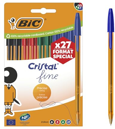 BIC Cristal Original Stylos-Bille Pointe Fine (0,8 mm) - Couleurs Assorties, Corps Orange, Boîte de 27