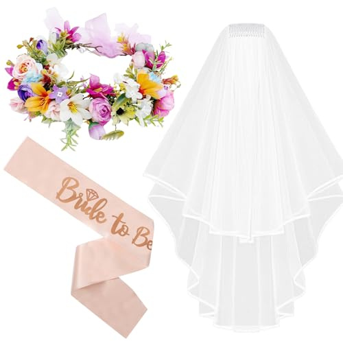 3PCS Love is in Bloom Bridal Shower Decorations - Floral Bridal Shower Decorations, Bride to Be Bachelorette Party Sash, Wedding Veil and Flower Crown, Wedding Engagement Party Favors Gift