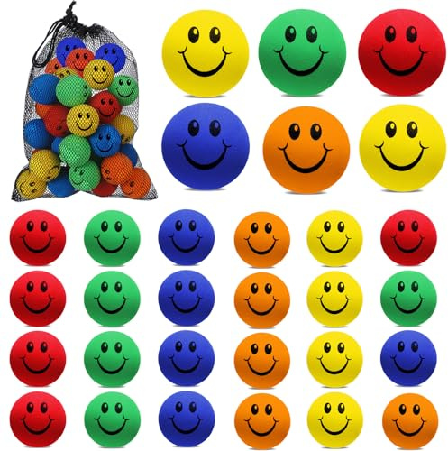 Soulchen 30 Packs Soft Foam Hockey Balls Diameter 2 Happy Emotion Knee Indoor Outdoor Street Soft Foam Hockey Balls Bulk with Mesh Bag for Practicing and Classic Training Birthday Gift Decoration