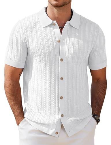 COOFANDY Herr kortärmad stickad pikétröja stretch kabel stickad full knapp golfskjorta polo t-shirt