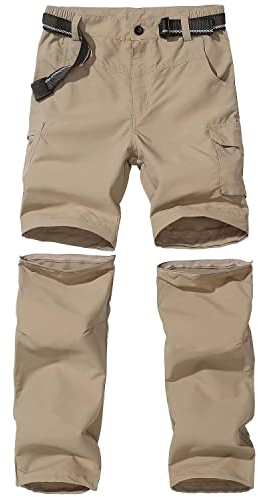 FLYGAGA Kinder Outdoorhose Wanderhose Zip Off Hose abnehmbare hosebeine Shorts Trekkinghose Unisex Jugend Mädchen Sommer mit Gürtel Schnelltrocknend Atmungsaktiv,Khaki,L