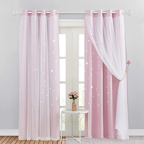 NICETOWN - Cortinas de Color Rosa Opaco, Doble Cortina, decoración del hogar, Dormitorio, niña, Estrella con 2 Capas, con Visillo Blanco, L 132 sobre 240 cm, Rosa Claro, 2 Unidades