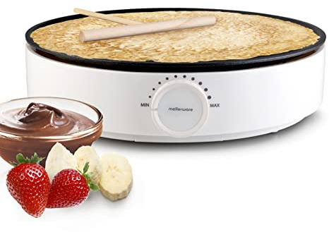 Mellerware - Crepera profesional Slurpy! 1200W | Superficie Antiadherente | Maquina electrica crepes | Termostato regulable | Esparcidores de Madera | Portatil | Maker de comida americana | Blanco